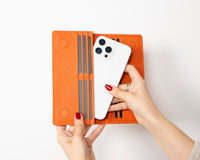Elegant trifold leather wallet with magnetic snap closure, featuring 12 card slots, a coin pouch, and a dedicated phone
pocket. This handcrafted wallet also includes secret compartments for receipts or cash, offering secure and organized
storage. A stylish and practical wallet for everyday use or gifts for women.