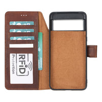 Elegant Google Pixel 8 Pro leather wallet phone case with detachable design, featuring card slots and secure magnetic closure. This durable, handmade case offers RFID protection, wireless charging compatibility, and full 360-degree coverage. A stylish and functional phone case with built-in stand for everyday convenience.