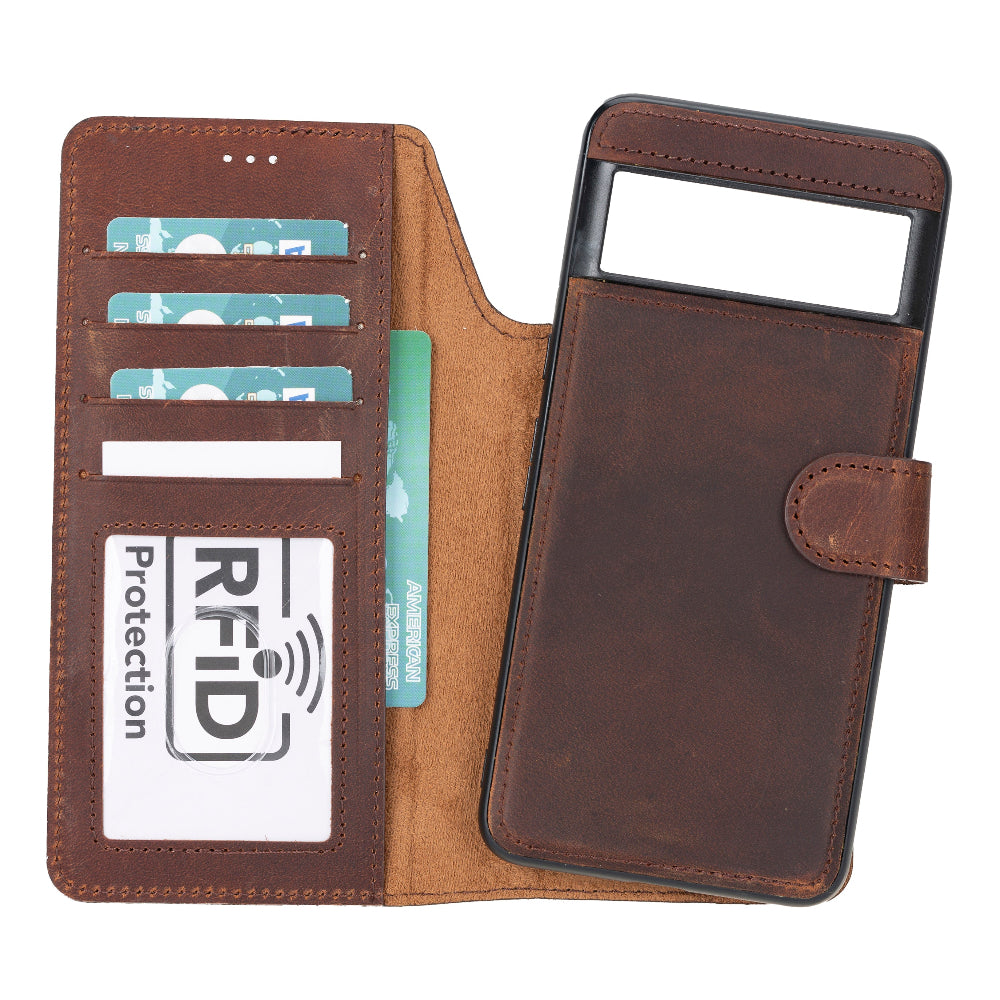 Elegant Google Pixel 8 Pro leather wallet phone case with detachable design, featuring card slots and secure magnetic closure. This durable, handmade case offers RFID protection, wireless charging compatibility, and full 360-degree coverage. A stylish and functional phone case with built-in stand for everyday convenience.