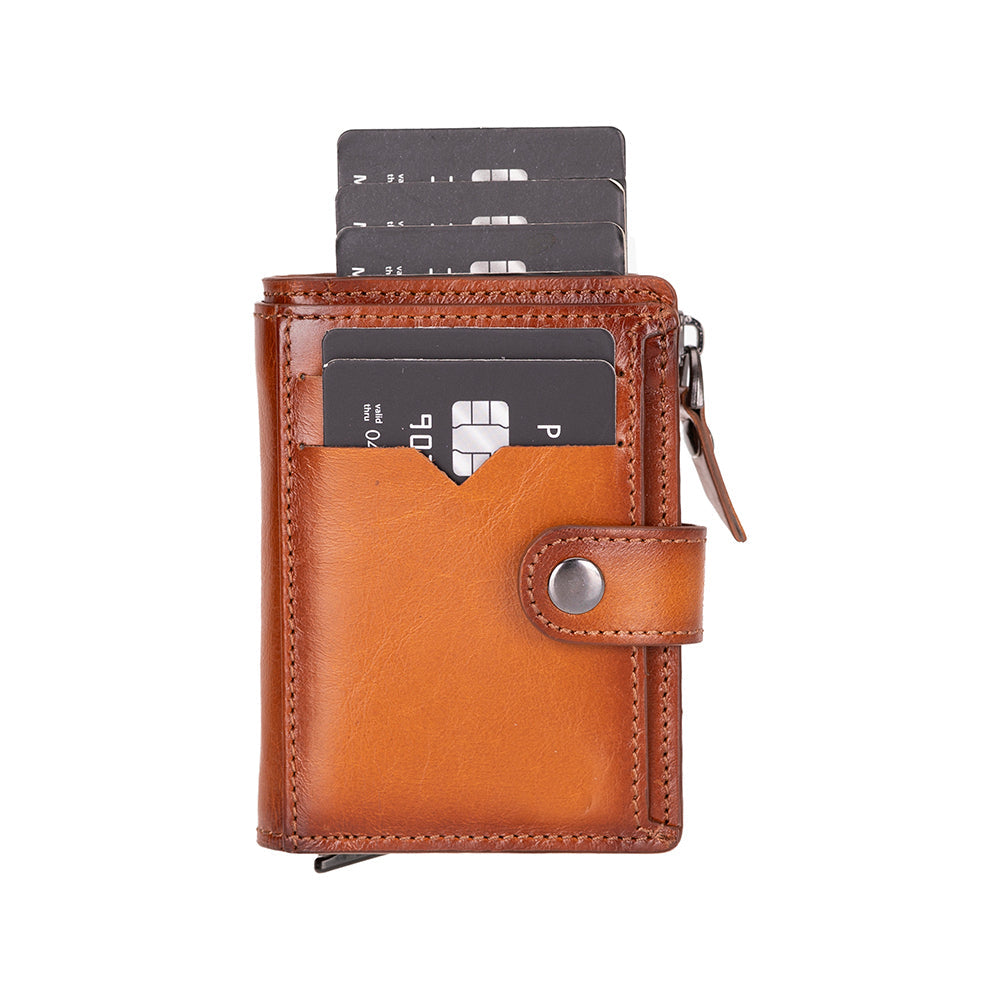 Compact leather pop-up card holder wallet with a secure zipper compartment for coins and small essentials. This sleek,
handmade wallet features RFID protection, quick-access card mechanism, and multiple card slots. A stylish and
functional everyday wallet for men and women.
