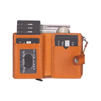Compact leather pop-up card holder wallet with a secure zipper compartment for coins and small essentials. This sleek,
handmade wallet features RFID protection, quick-access card mechanism, and multiple card slots. A stylish and
functional everyday wallet for men and women.