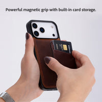 Slim leather magnetic card holder designed for MagSafe-enabled phones, featuring angled slots for easy card access.
Handmade from genuine leather with a strong magnetic attachment, it securely stores credit, debit, and ID cards. A
stylish, pocket-friendly card organizer for everyday convenience.