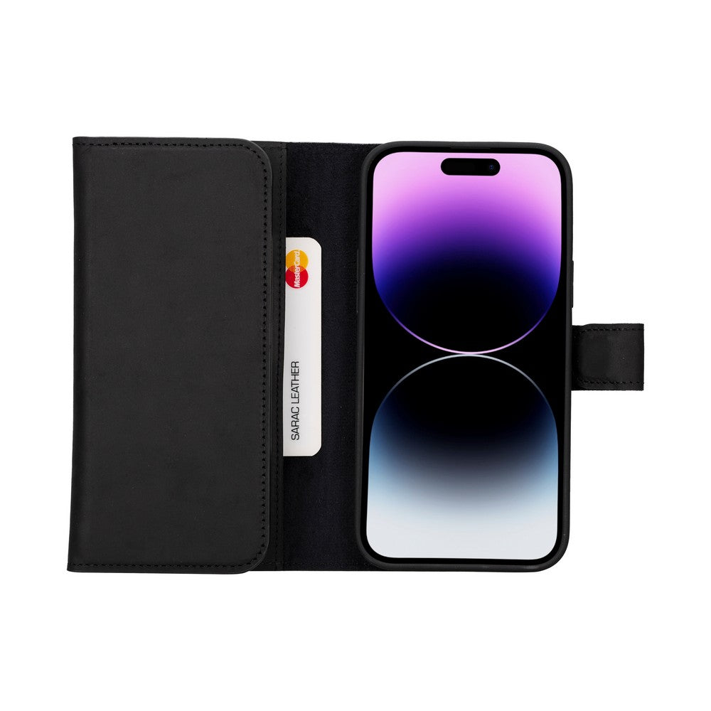 iPhone 15 leather wallet case with card slots and ID holder