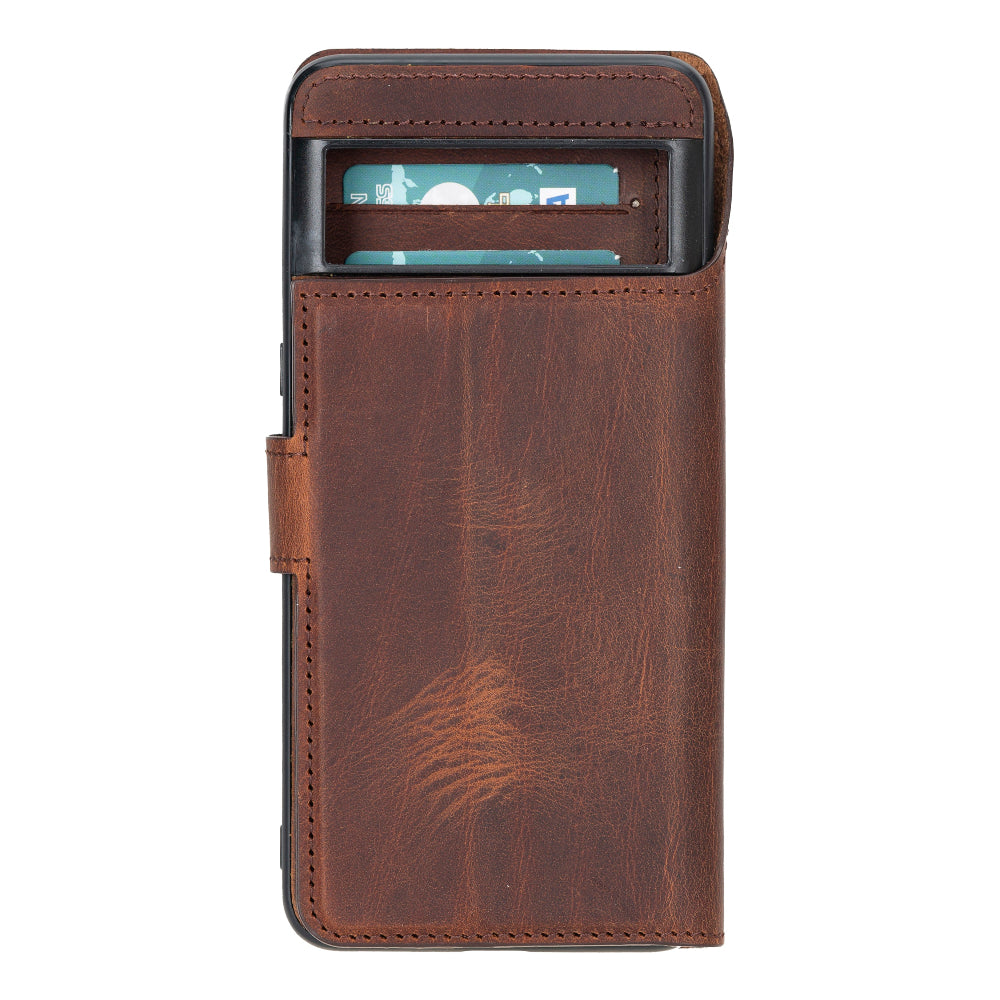 Elegant Google Pixel 8 Pro leather wallet phone case with detachable design, featuring card slots and secure magnetic closure. This durable, handmade case offers RFID protection, wireless charging compatibility, and full 360-degree coverage. A stylish and functional phone case with built-in stand for everyday convenience.