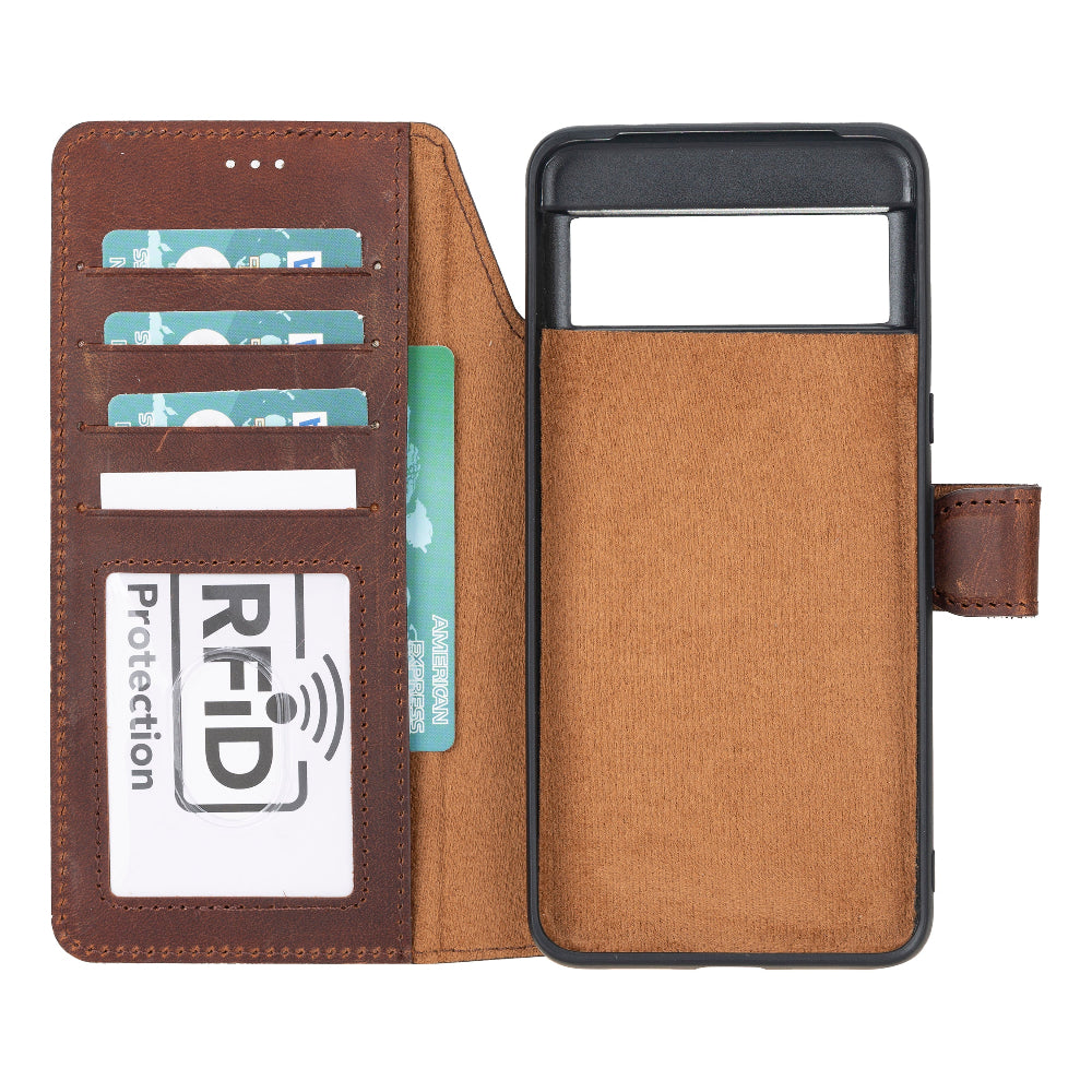 Elegant Google Pixel 8 Pro leather wallet phone case with detachable design, featuring card slots and secure magnetic closure. This durable, handmade case offers RFID protection, wireless charging compatibility, and full 360-degree coverage. A stylish and functional phone case with built-in stand for everyday convenience.